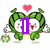 Two green cartoon characters with white faces and red mouths form a heart shape, one holding a pink heart above their heads.