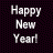 four identical 'Happy New Year!' text with scattered colorful star and X-shaped pixel art symbols on a dark background