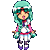 Pixel art character with teal hair and white headband in six sequential poses showing hand movements from open to clasped.