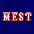 A static digital graphic with red and white text on a solid blue background featuring a stylized red cartoon face icon, promotional text for 'MEST' music release, and website URL.