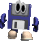A blue floppy disk-shaped character with large black eyes and beige dome-shaped feet, shown in multiple poses with varying arm positions and head angles.