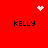 Red background with four 'KELLY' text blocks and three white pixelated symbols: a heart, starburst, and dot cluster.