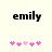 Black text 'emily' above pink heart symbols on a light background, with two variations of the hearts.