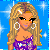 Pixelated image of a woman with long blonde hair wearing a purple sparkly top and large hoop earrings against a blue background with white sparkles.