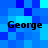 Four identical pixelated text instances of 'George' on a blue gradient background with varying shades of cyan and dark blue squares.