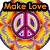 Pixelated icon with mirrored peace symbols surrounded by swirling orange, yellow, and purple patterns; text reads "Make Love" top-left and "Not war!" bottom-right.