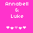 Pixelated text 'Annabell & Luke' on bright pink background with five white and one pink heart symbols below.