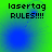 Green and blue gradient background with pixelated text 'lasertag RULES!!!!' in black, featuring a small blue circular animation element.