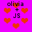Pixelated icon with bright pink background, orange hearts scattered throughout, and repeated text "olivia + JS" in black pixel font.