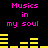 Pixelated text "Musics in my soul" repeated twice with yellow audio equalizer bars on black background.