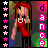 Pixel art contact sheet showing six frames of a dancing female character in red outfit with pink text "dance" on the right side, arranged 3x2 grid with star borders.