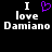 Black background with white text reading "I love Damiano" and a purple pixelated heart symbol replacing the word "love" in both instances.