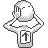 Pixelated character with white face and gray body, hand raised to cheek in a gesture, wearing rectangular frame with upward arrow symbol on chest.