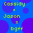 Blue background with purple circles and yellow text reading 'Cassidy + Jason = bgff' repeated twice in a pattern