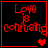 Red pixelated text 'Love be confusing' on black background with red heart symbols, arranged in a of four identical