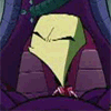 Animated sequence showing a cartoon character's face transforming from closed eyes to an open mouth with sharp teeth, set against purple and green background elements.