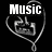 Black background with white outlined heart shapes containing music player icons and text reading Music, is, Love.