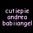 Pixelated text displays 'cutiepie andrea babiianangel' in light purple on black background with white rectangular overlays shifting across the text.