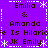 Purple background with repeated text and symbols in dark brown, white, and light purple. Text includes 'Emilia', '&', 'Amanda', 'Is Hilario', 'JK Emily' arranged symmetrically around a central vertical line of dots.