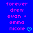 Blue background with pink pixelated text reading 'forever drew evan + emma nicole' and a cyan heart symbol, showing two states where the heart's animation changes from solid to outlined.