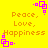 Yellow background with orange text reading Peace, Love, Happiness and pink square corner decorations in four corners.