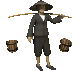 Animated sequence of a figure in traditional attire carrying a pole with buckets, showing variations in bucket count and position.