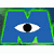 Blue rectangular shape with green border and central black eye-like circle on white background.