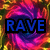Three identical pixelated images of a swirling colorful background with the word "RAVE" in different colors, arranged in a