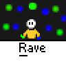 Animated contact sheet showing 11 frames of a stick figure dancing amid colorful pixelated dots with 'Rave' text below each frame.