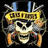 Pixelated skull wearing yellow headband with blue and silver accents, holding orange objects against black background.