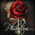 A red rose with white thorns and a signature below, next to a person in dark clothing holding their head while another figure appears partially visible.