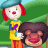 Pixelated cartoon image of two characters with red noses, one in a blue hat and colorful outfit standing behind another character with dark hair, set against green background.