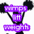 Two pixelated figures with black hair hold up text banners; left figure displays purple 'wimps lift weights' while right shows pink 'cheerleaders m people'.