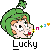 Pixelated cartoon character with green hat and orange hair, mouth open showing teeth, emitting colorful symbols from the mouth.