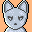 Pixel art contact sheet showing three frames of an animated character icon with cat-like ears, blue bow tie, and red accents on a peach background.