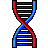 Pixelated DNA double helix with red and blue strands against a gray background, rendered in 8-bit style.