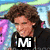 A four- of pixelated images showing a person with curly brown hair in different poses and color treatments, with overlaid text and symbols