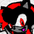 Pixelated character with black fur, red accents, white eyes, and purple mouth in four
