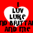 Red background with four white heart shapes containing black text reading "I LUV LUKE AND BRITTANY AND ME" in pixelated font.