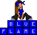 Pixel art of a character with long brown hair and blue bandana standing behind black speaker-like objects, with 'BLUE FLAME' text below in two