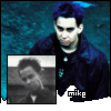 A static image shows a person in dark clothing against a blue textured background with 'mike' text below, featuring multiple small inset images of other people and grayscale noise patterns.