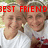 Two people in white shirts pose together with red text overlays changing across frames.