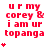 Red pixelated text on white background with small red star symbols, displaying 'ur my corey & i am ur topanga' in a with variations in star placement and text clarity