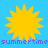 Four identical yellow sun icons with sharp rays on a solid light blue background, each paired with purple pixelated text reading 'summertime' below.
