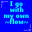 Blue background with light blue text reading "I go with my own flow" and white star-shaped decorations in a