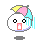 Pixelated character with white rounded head, black circular eyes, and pink rectangular mouth, wearing pastel-colored hair pieces in yellow, pink, and cyan.