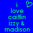 Blue background with green pixelated text reading 'i love caitlin izzy & madison' and a heart symbol above the 'i'.