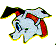 Animated white dog with red collar and black ear, shifting from side profile to front-facing view against gray background.