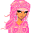 Pixelated static image of a cartoon character with long pink hair, orange skin, and black eyeliner against gray background.