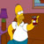 Pixelated cartoon character with yellow skin wears white tank top and blue pants, holding dark red object in right hand against brown wooden background.
